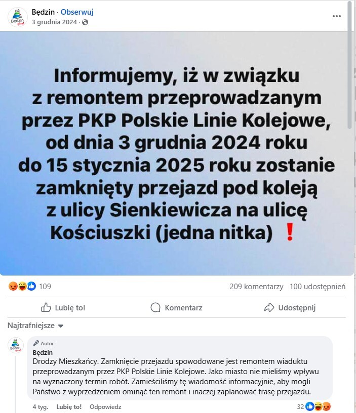 Będzin. Komunikat o zamknięciu przejazdu pod torami kolejowymi z ulicy Sienkiewicza na ulicę Kościuszki. 3 grudnia 2024.