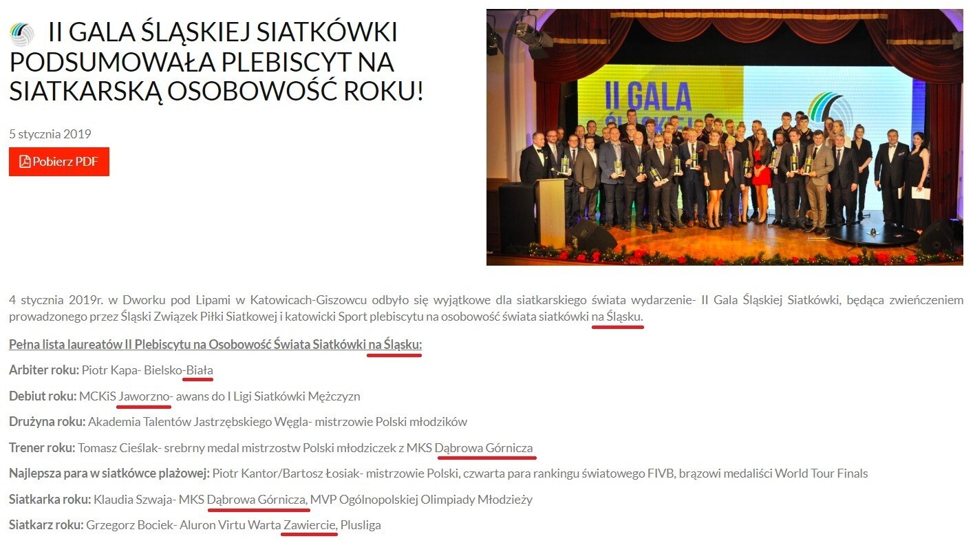 II Gala Śląskiej Siatkówki. Fragment podsumowania ze strony oficjalnej ŚZPS. 2019 rok