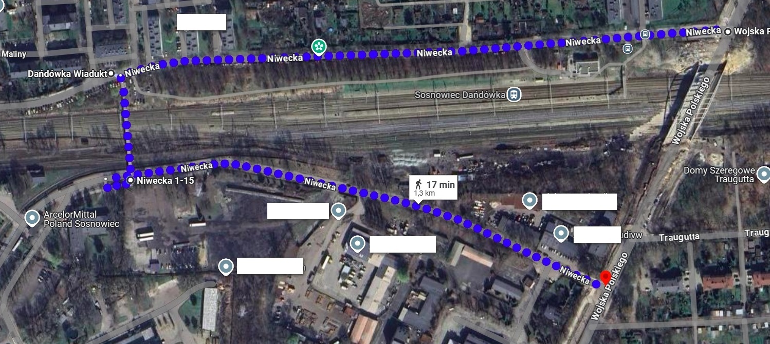 Sosnowiec. Zaznaczona trasa "obejścia" dla pieszych podczas budowy wiaduktu w ciągu ulicy Wojska Polskiego. Marzec 2023 – czerwiec 2024.