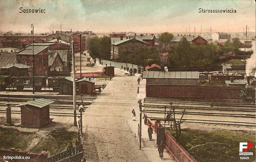 Sosnowiec. Ulica Starososnowiecka. Przejazd torowiska Kolei Warszawsko-Wiedeńskiej. Widok na zachód. Lata 1912 – 1913