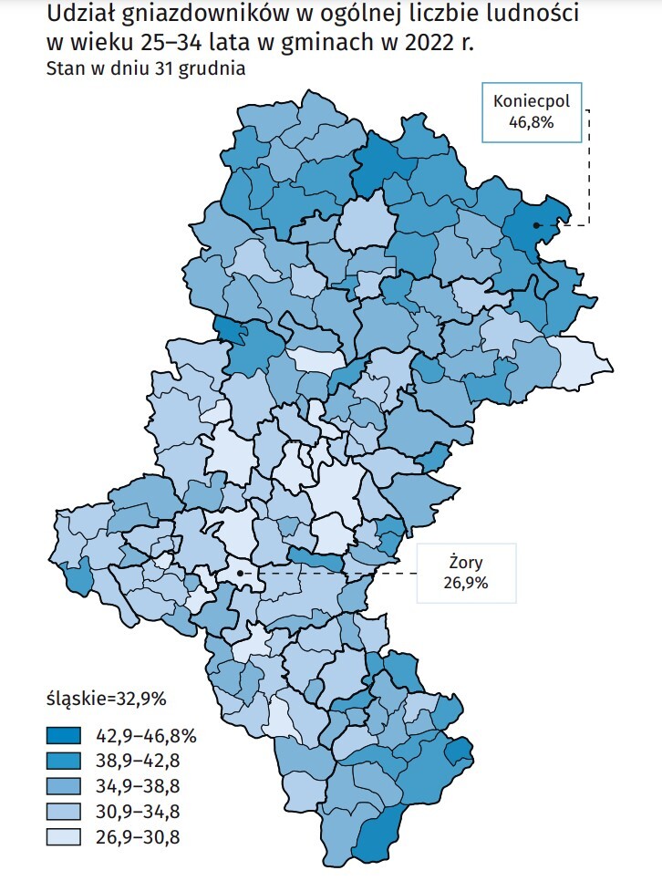 Udział gniazdowników w ogólnej liczbie ludności w wieku 25–34 lata