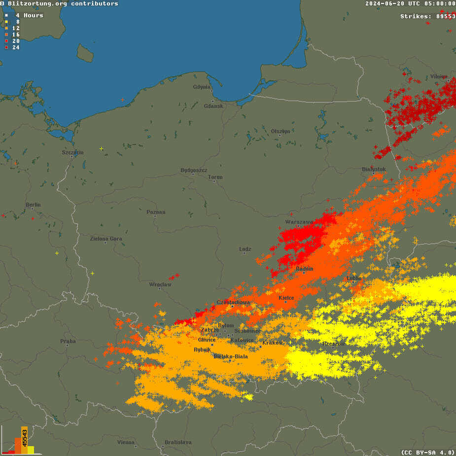 Aktywność burzowa nad Polską 19 czerwca