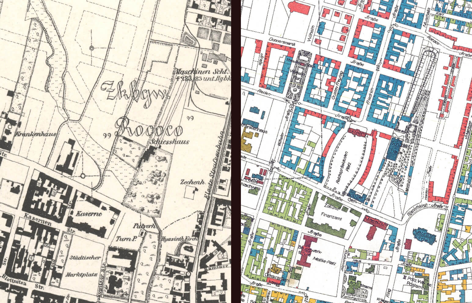 Zabudowa północnej części Bytomia w 1901 r. i w latach 20-tych XX w.