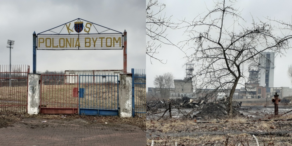 Stadion Polonii Bytom i zamknięta nieopodal kopalnia Centrum w Bytomiu (2021).